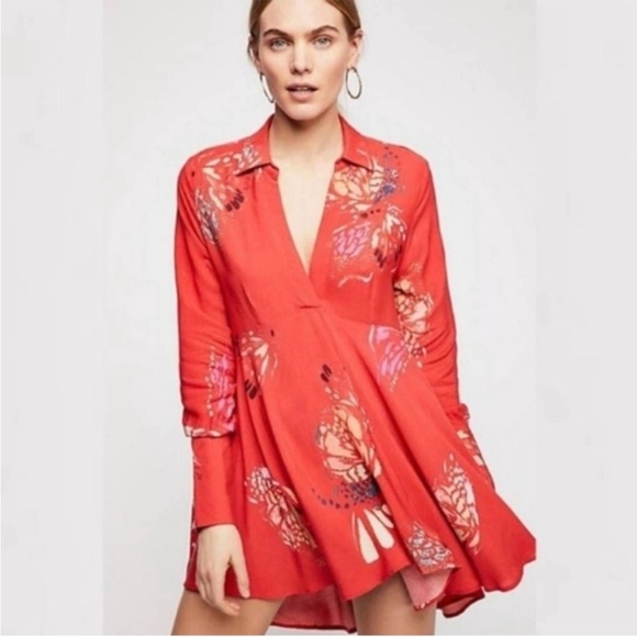 Free People Tops - Free People Red Field Of Butterflies Long Sleeve Collared Tunic Small